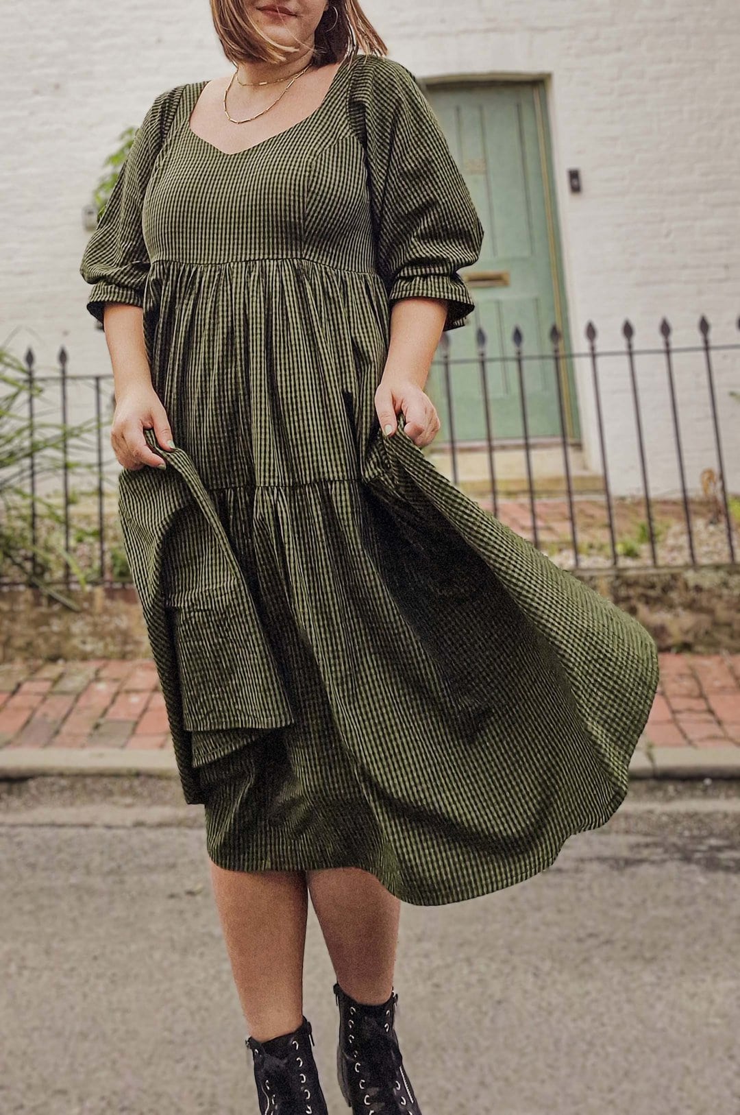 gingham dress green tiered with long sleeves sustainably made in britain by rose corps using organic cotton