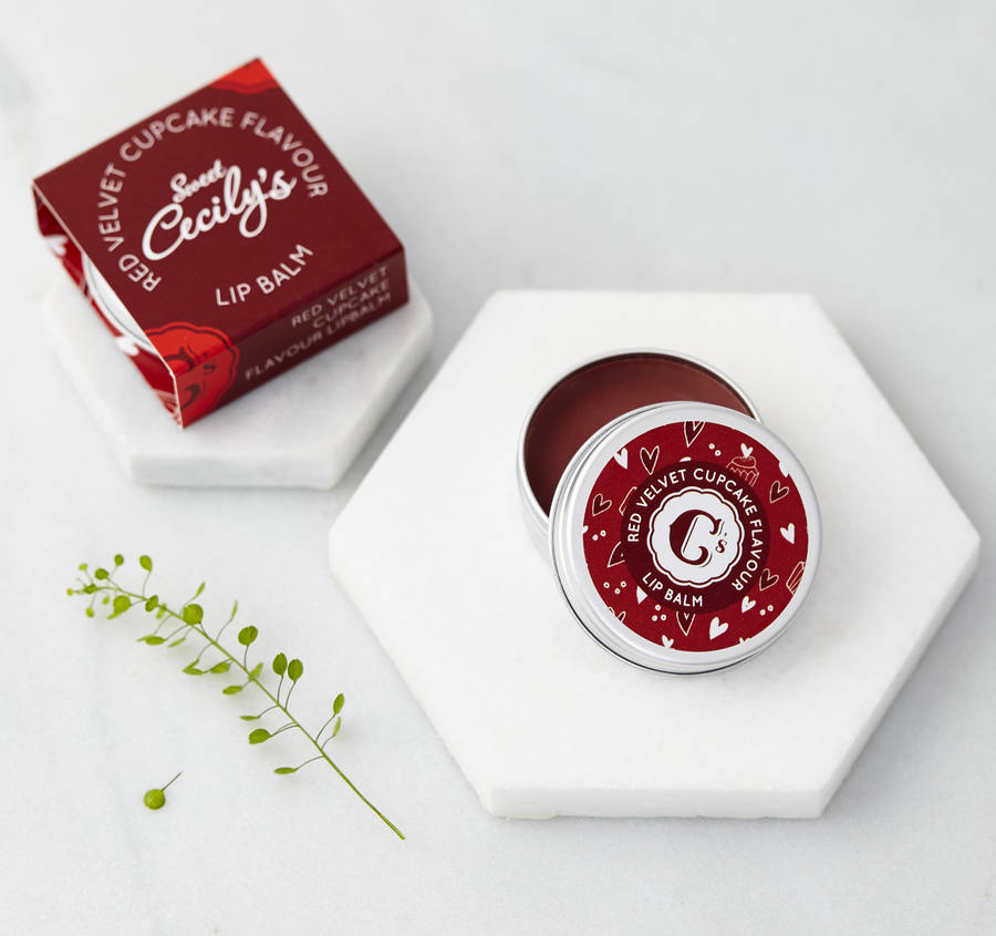 sweet cecily red velvet cupcake flavour lip balm gloss handmade in england using natural ingredients