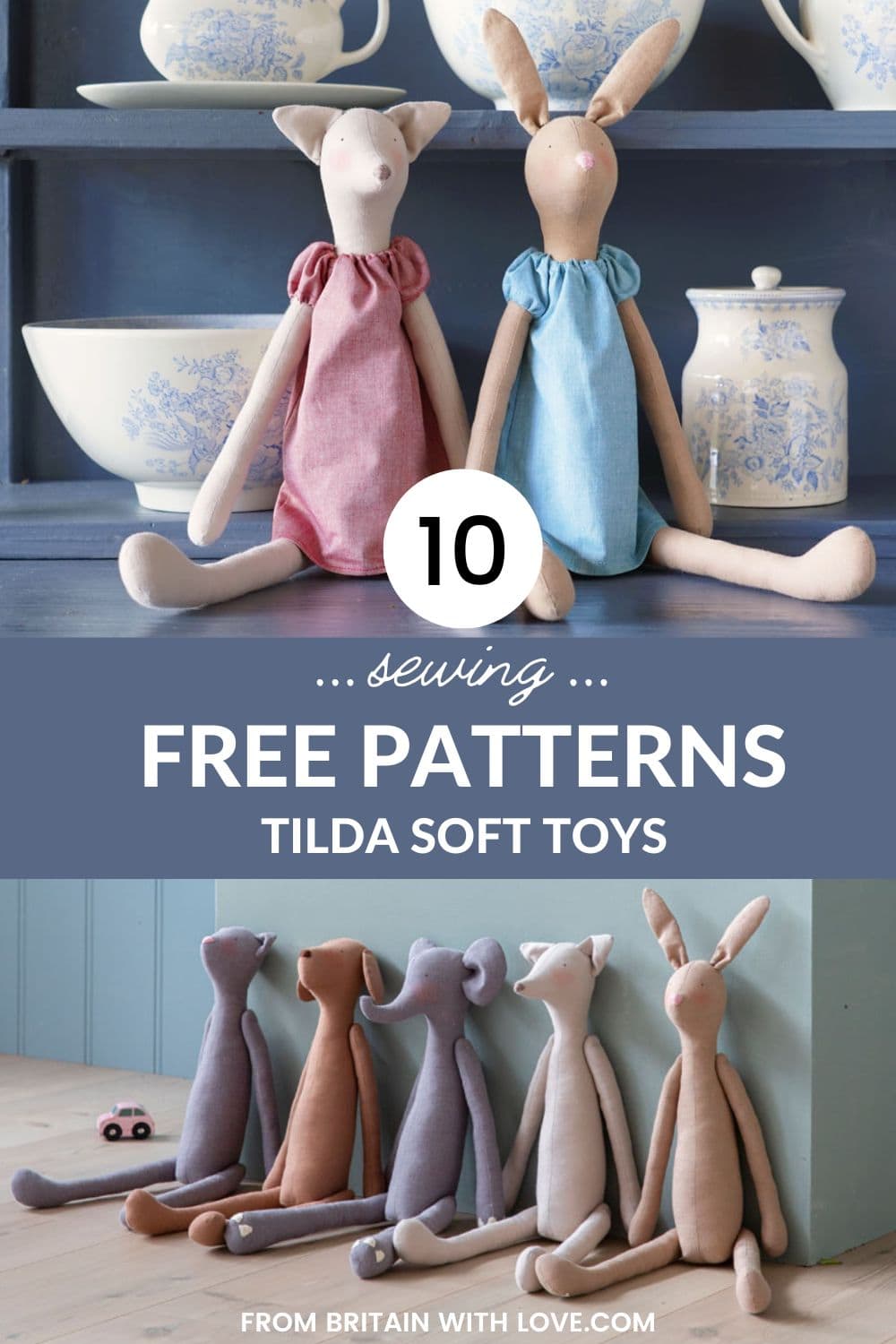 10 free tilda friends soft toy sewing patterns including adorable cow, fox, cat, dog, pig, giraffe, elephant, bunny rabbit, hare and frog patterns - all designed to fit the same size clothes. I've shared all the info and links you need to get your 10 free Tilda patterns now. Hope you enjoy!