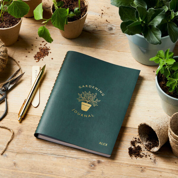 Vegan leather gardening journal by martha brook with embossed personalised name on soft leather effect cover
