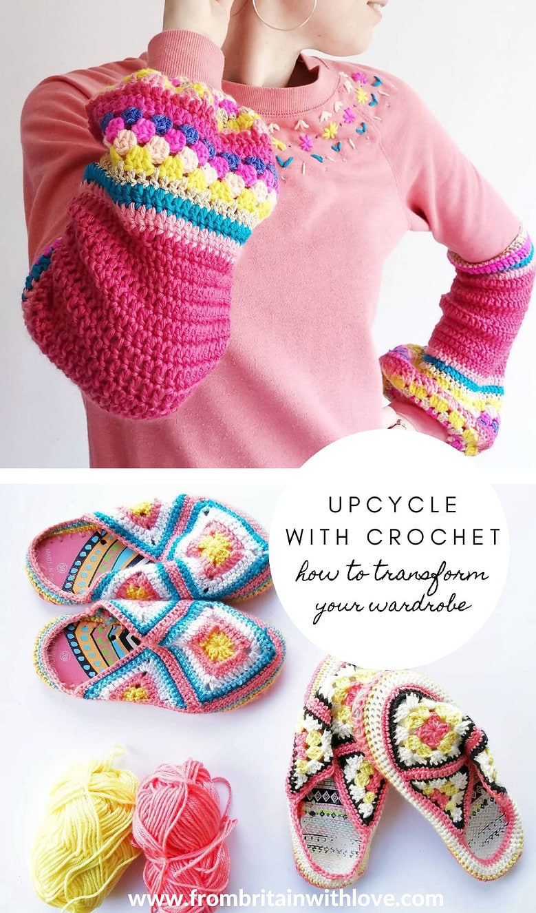 upcycling with crochet to transform your wardrobe with Emma Friedlander-Collins using basic crochet techniques in creative and stylish ways.  you'll also work on a project to make a pair of cute slippers with crochet from an old pair of flip flops. click through to find out more and to save 10% on this online course on Domestika