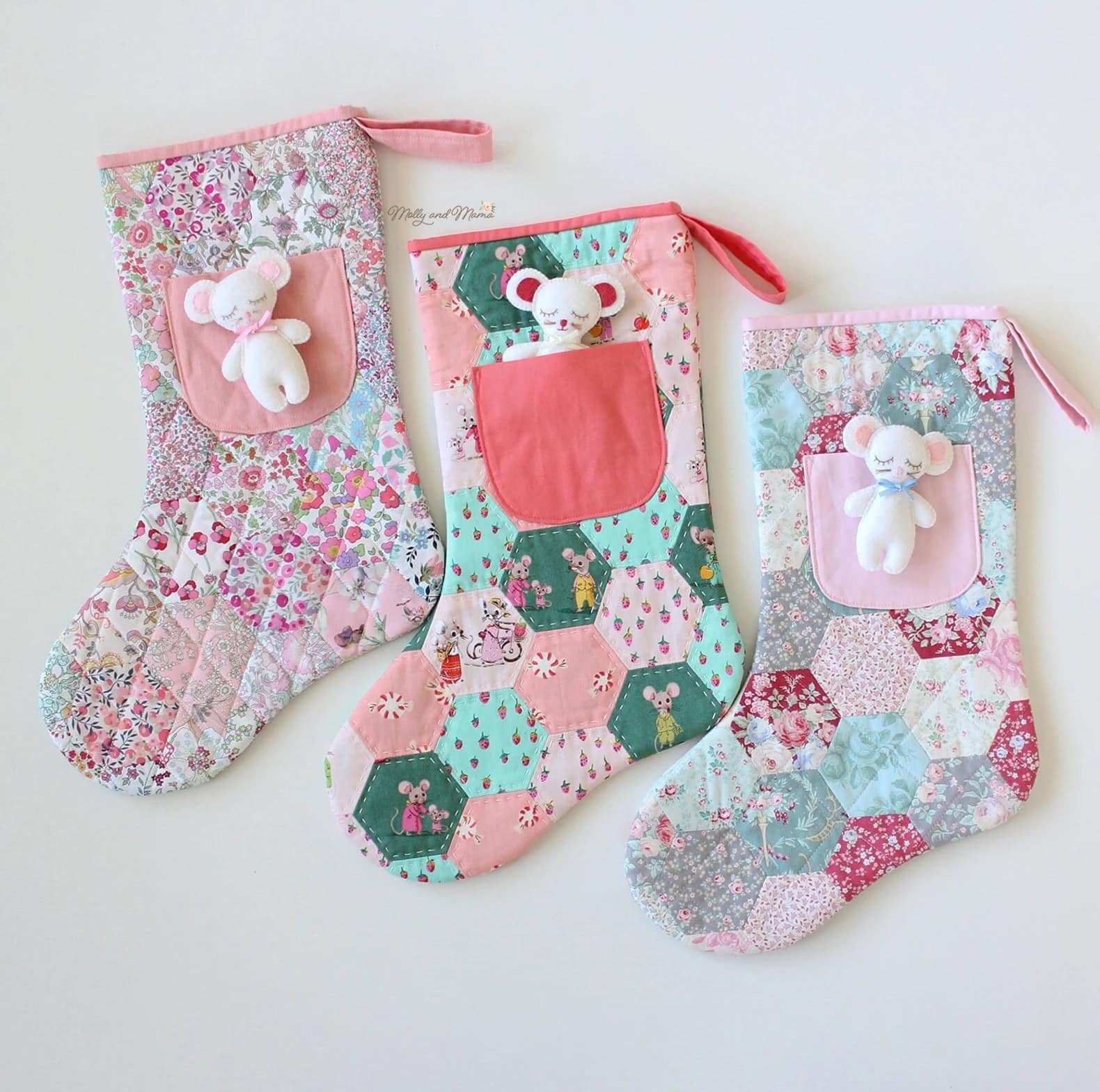 patchwork christmas stocking sewing pattern with felt mouse soft toy