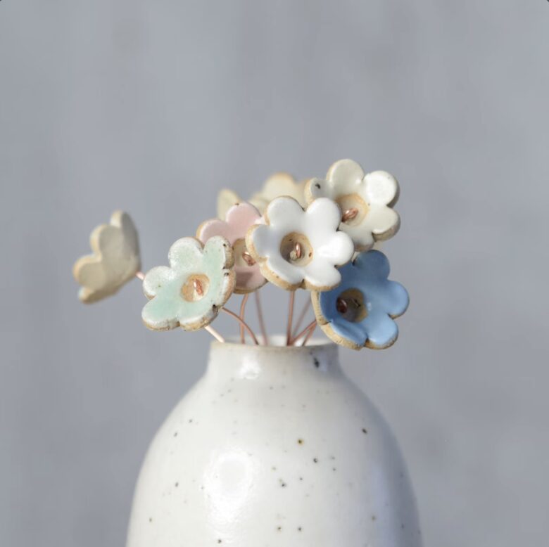 handmade ceramic flower bud stems on wire by habulous ceramics in Devon