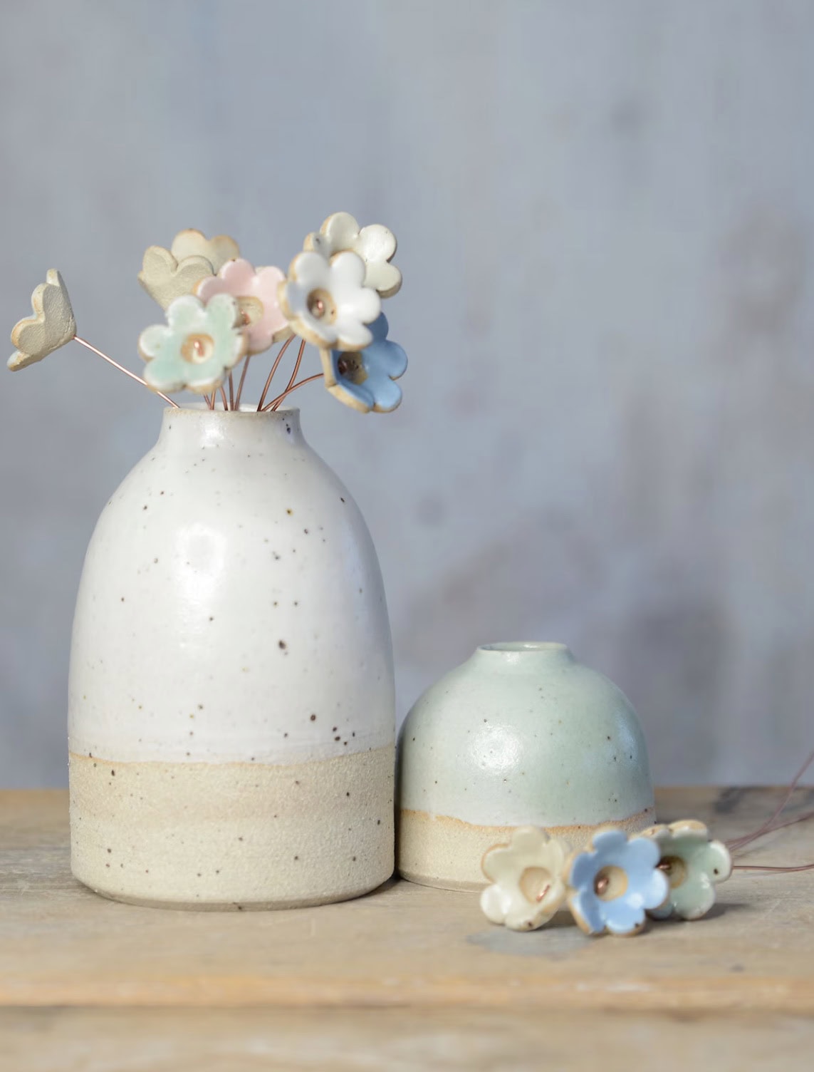 Collection of handmade glazed pottery flowers on wire using British clay by Habulous Ceramics