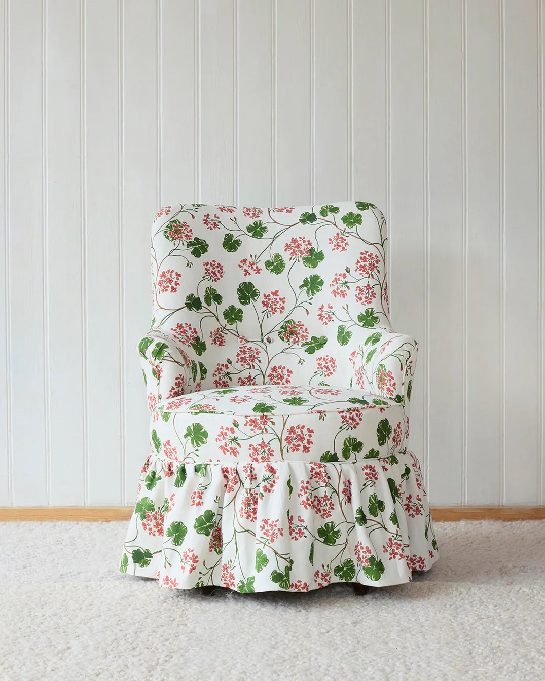 geraniums linen upholstery fabric by sophie harpley made in england from her original hand painted designs in pink and green
