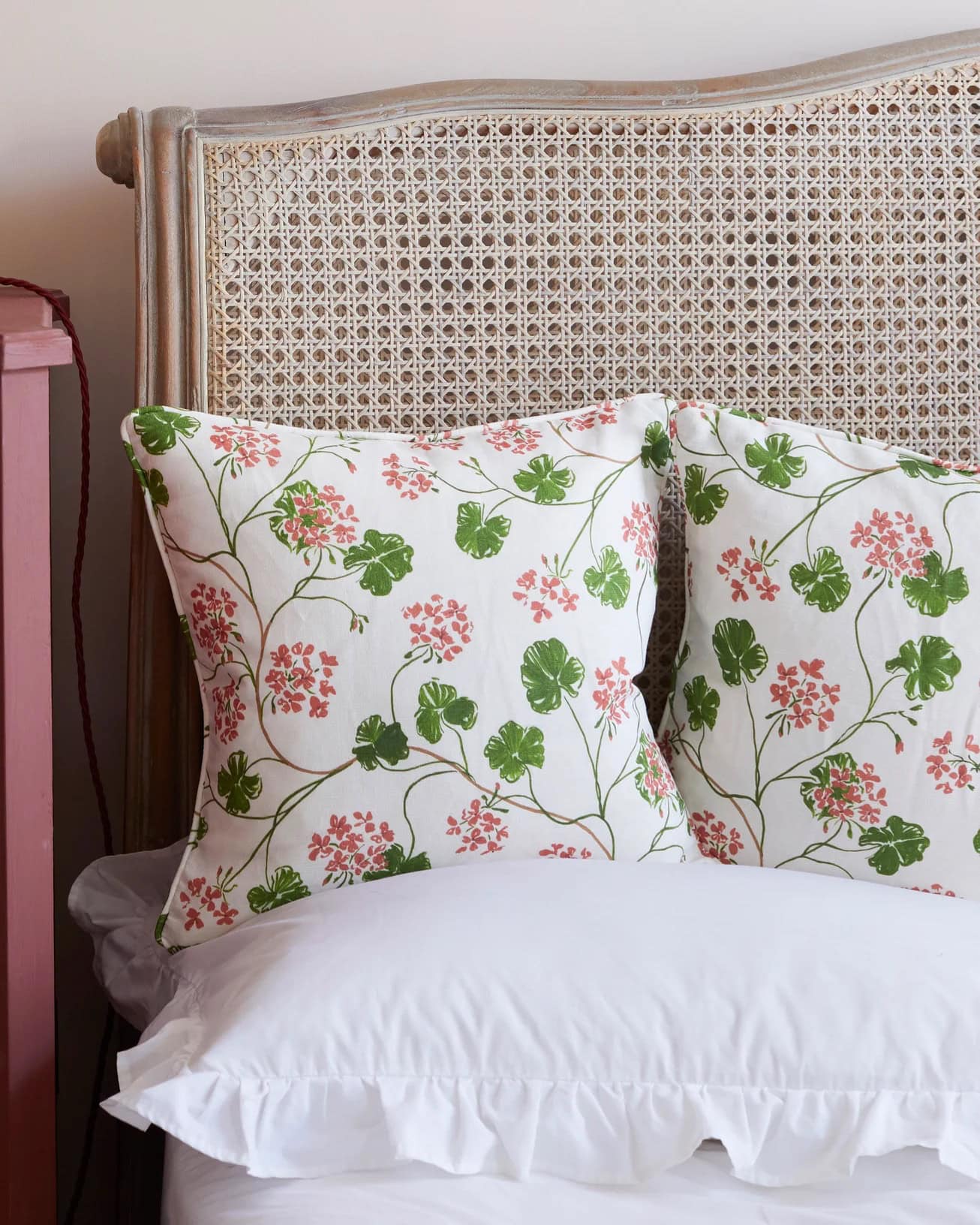 geraniums piped linen cushion made in england by sophie harpley