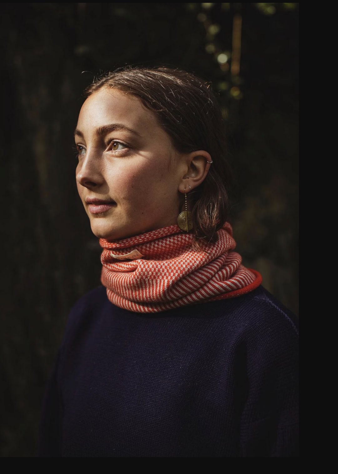orange merino wool handmade knitted cowl scarf made in wales on hand powered vintage knitting machine using ethical and sustainable wool by stephanie sullivan of Glasfryn Textiles