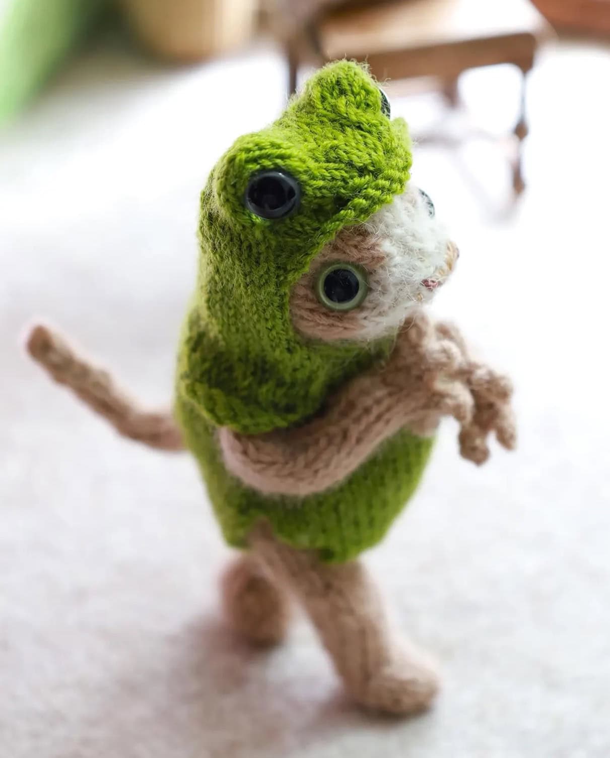 kitten in frog suit soft toy knitting pattern by claire garland aka dot pebbles knits