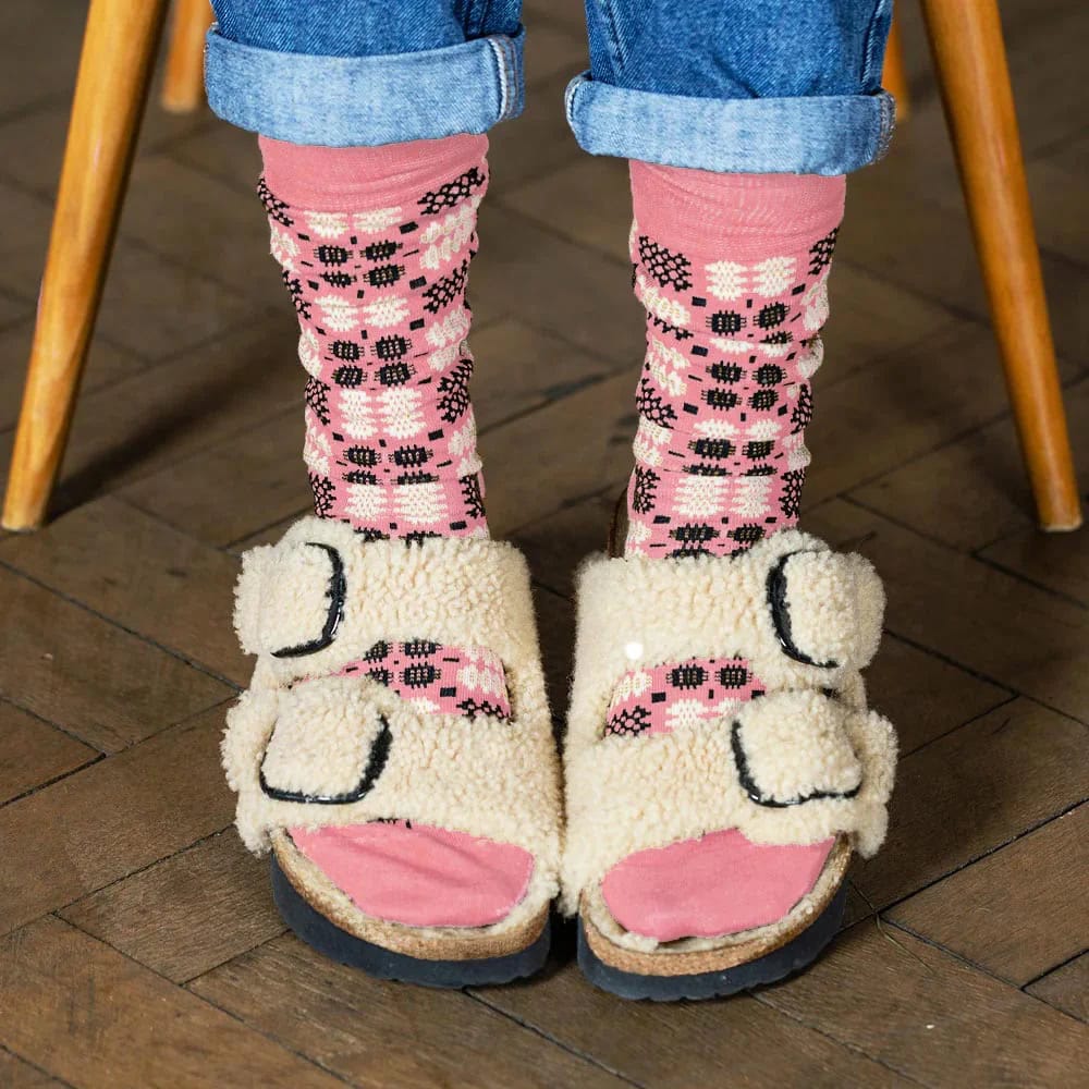 pink welsh carthen pattern tapestry socks made in Wales