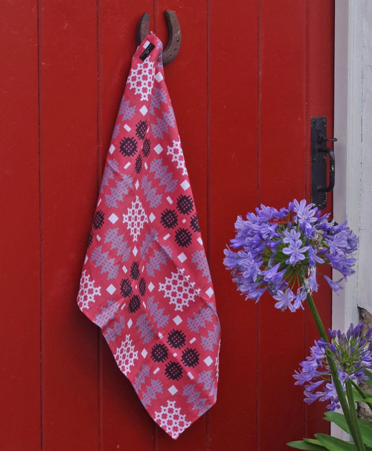 welsh tapestry carthen pattern red tea towel made in wales