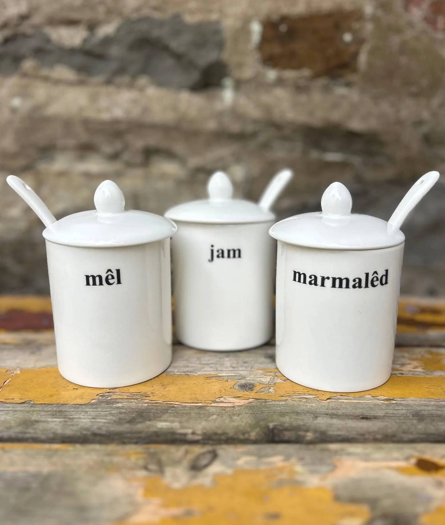 welsh preserves pot set for jam, marmalade and honey - mel, marmaled and jam - preloved find made in Wales from welshgiftshop.com