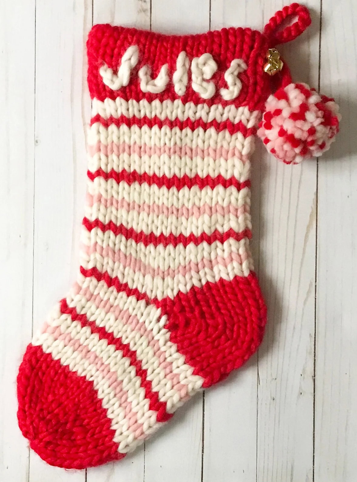 stripy customised name christmas stocking knitting pattern chunky and easy