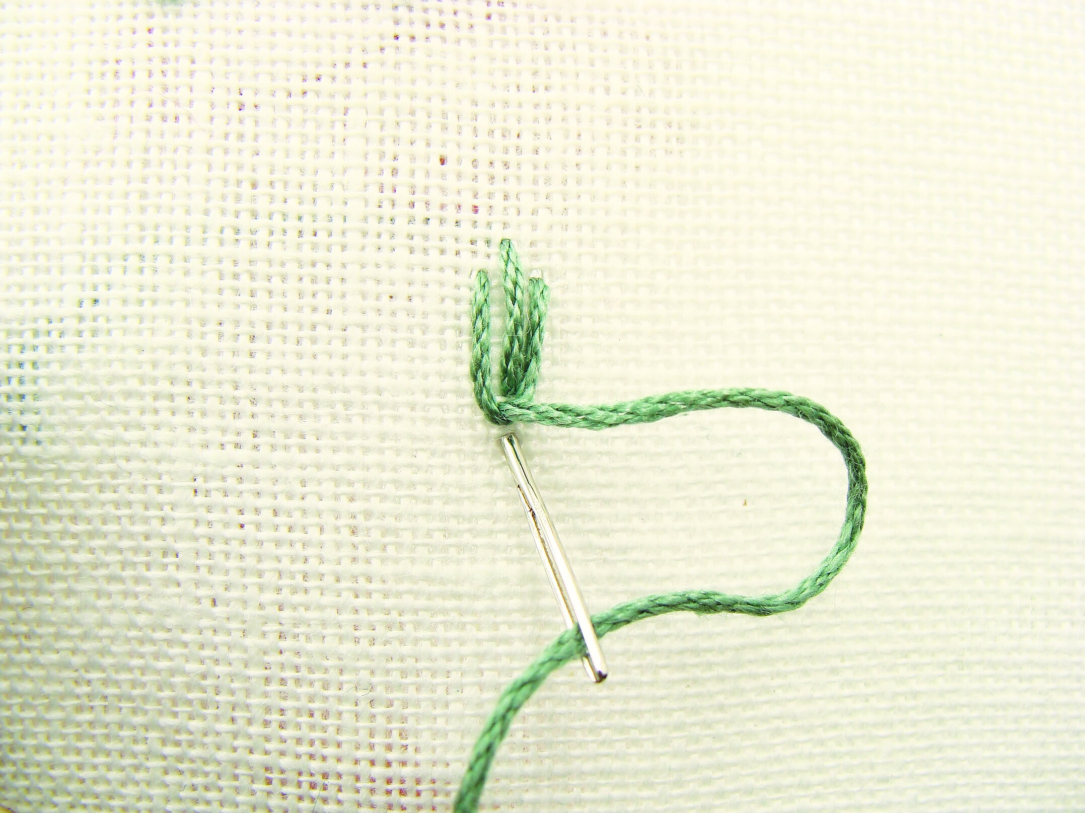 fly stitch step 3: Work a very small tying stitch to hold the loop in place. Proceed in the same way, repeatedly working fly stitches close to each other, and following the leaf shape.